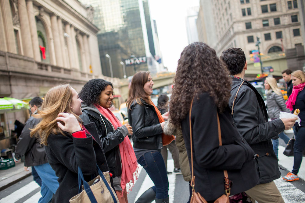 Fordham students cross the street near Grand Central Station