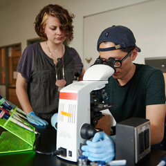 Student looks through microscope while lab partner looks on