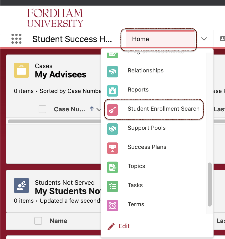 Home menu dropdown showing Student Enrollment Search selected
