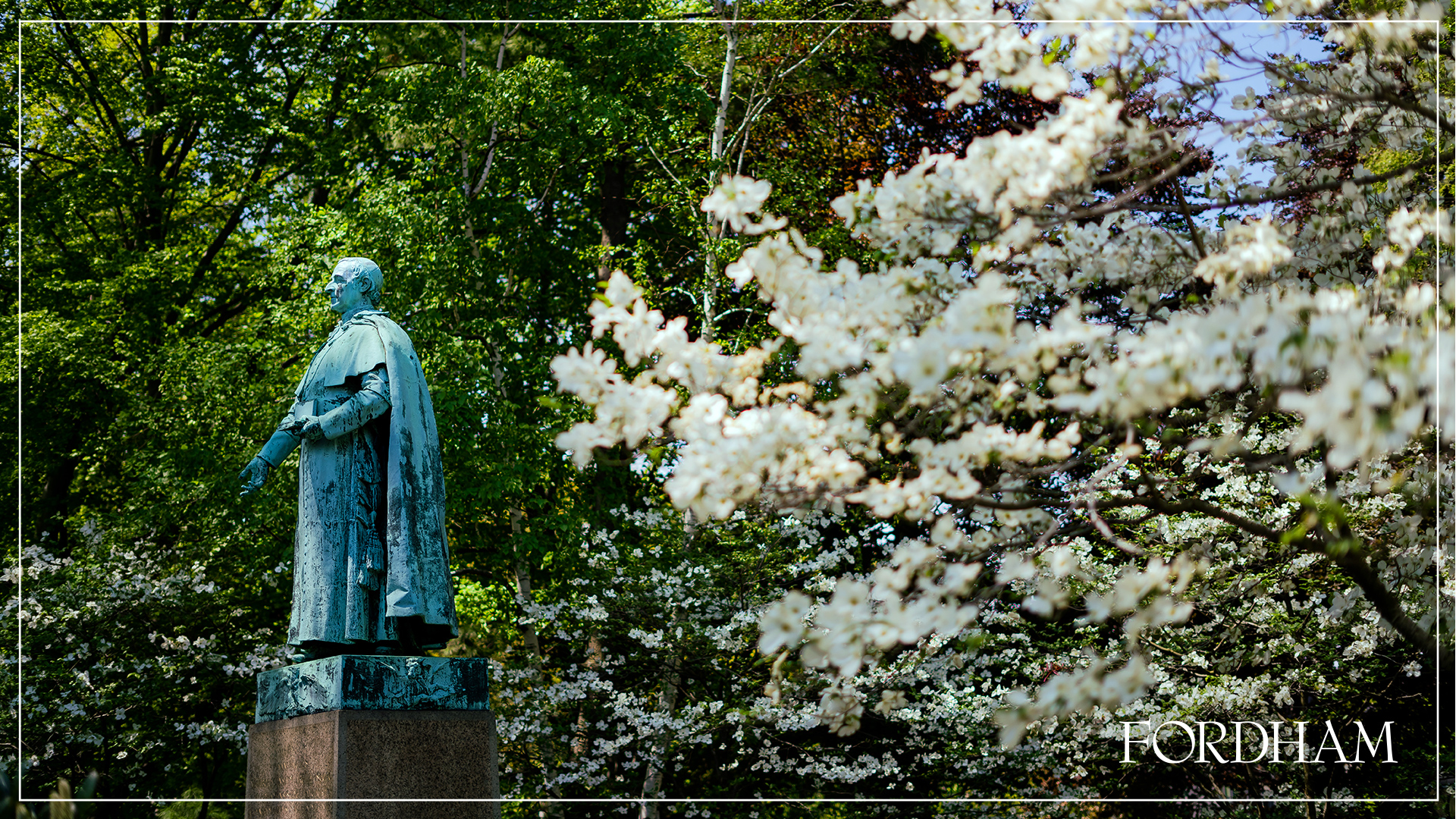Zoom background of statue and spring flowers