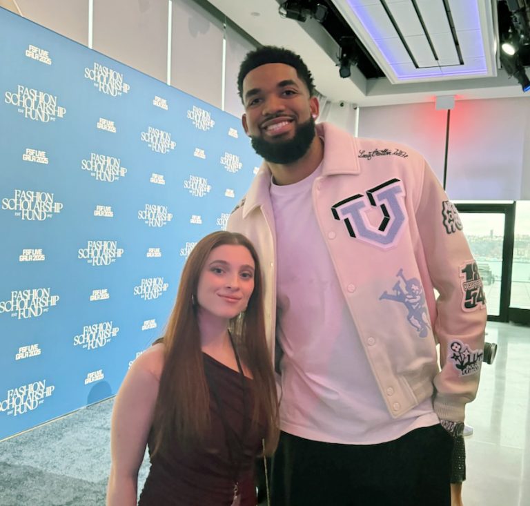 Erica Lubomirsky with Karl Anthony Towns at Fashion Scholarship Fund Gala