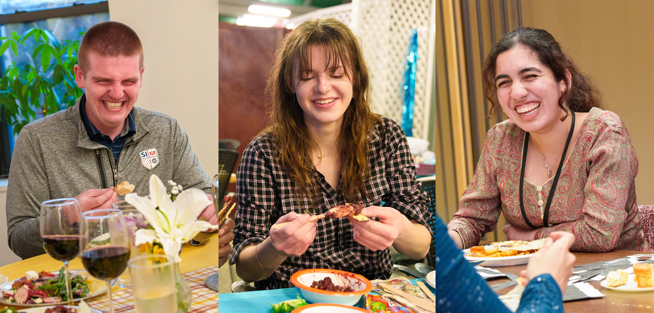Three students eating food