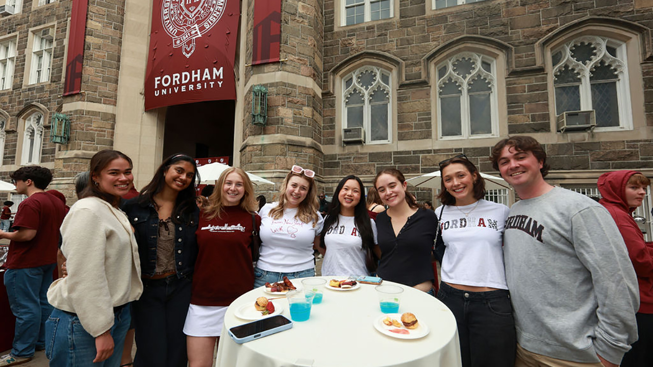 Students pose for a photo on Keating Steps