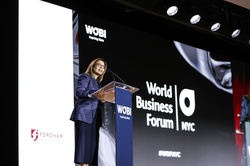 Gabelli School of Business Dean Lerzan Aksoy speaks at the World Business Forum