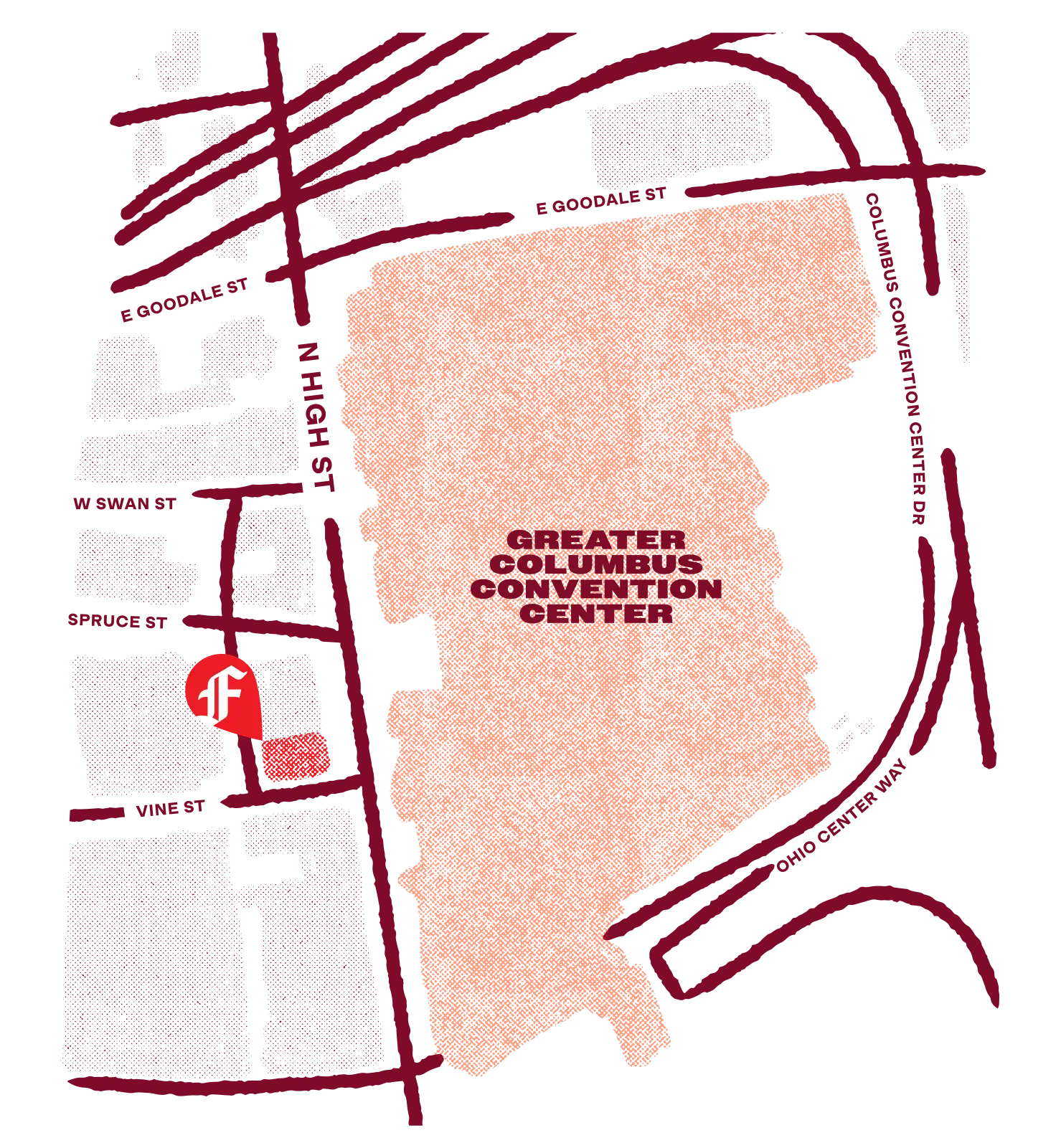 Map showing the Fordham Pizza Shop pop-up across the street from the Greater Columbus Convention Center