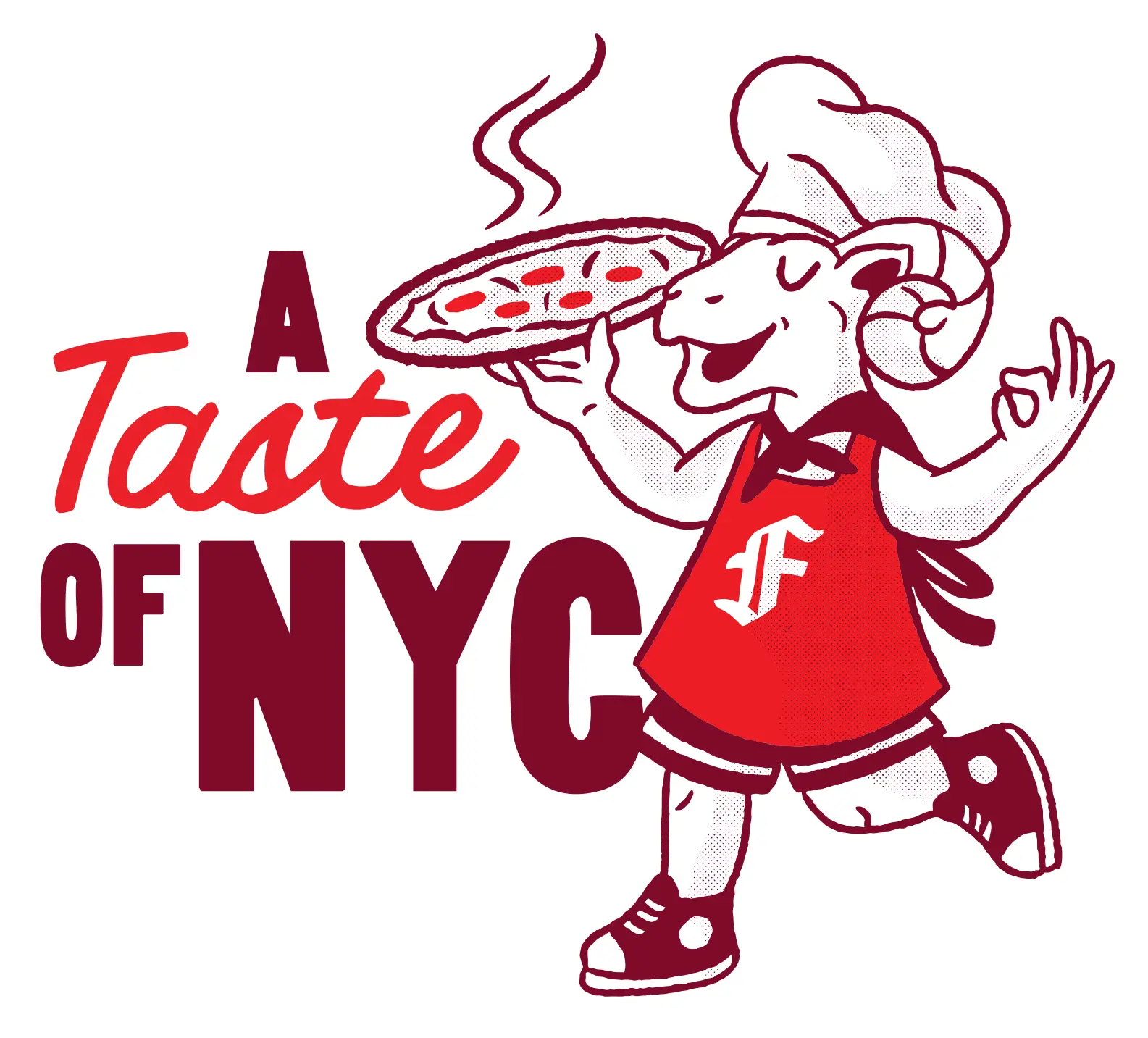 An illustrated Ramses in a chef's hat holding a pizza with A Taste of NYC written next to him.