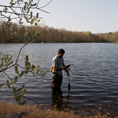 Graduate student monitors water in the lake at Fordham's Calder Center