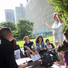 Professor leads class outside on the Lincoln Center campus