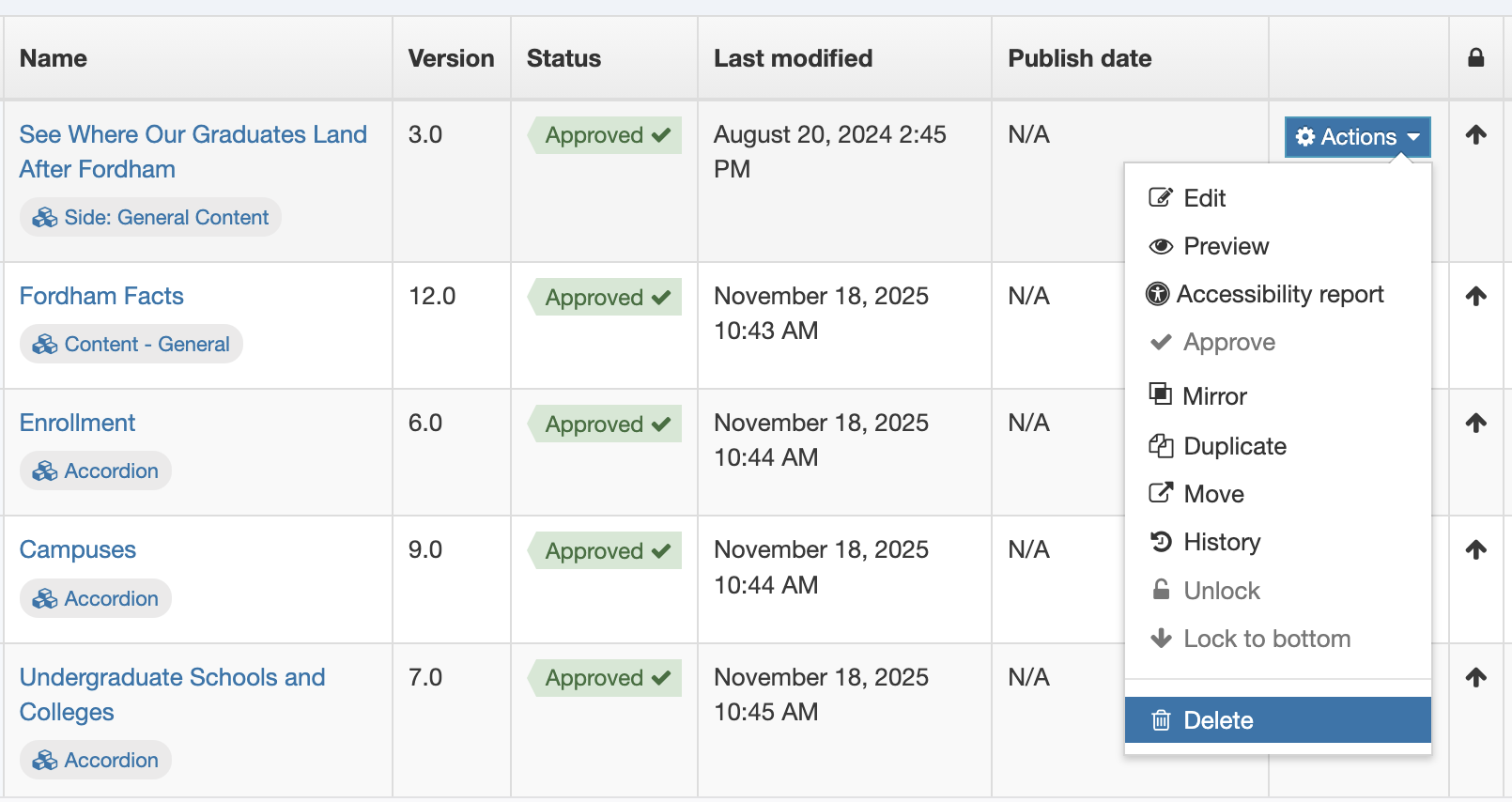 Delete section of a page or content types