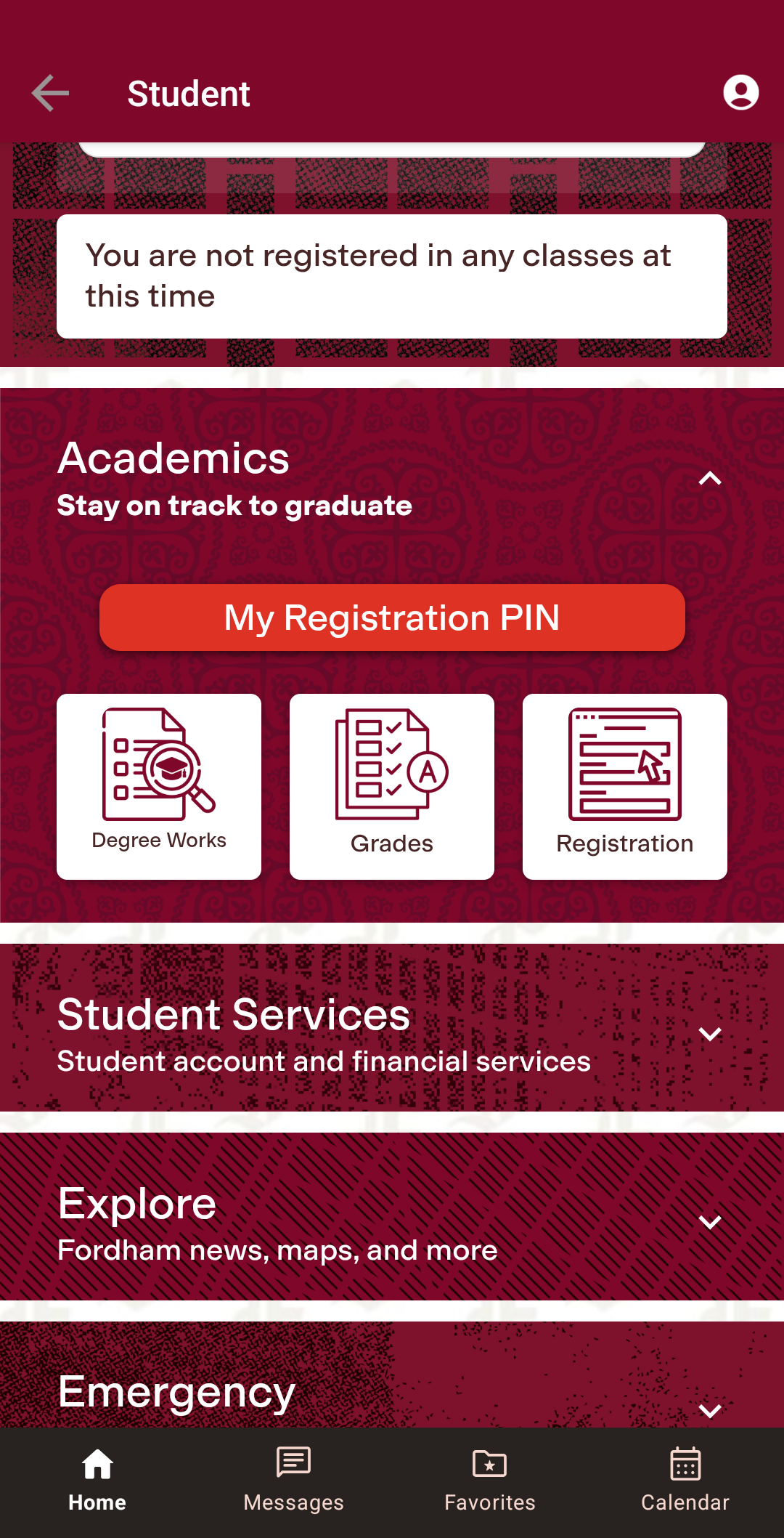 UI displaying Fordham Mobile App My Registration PIN button