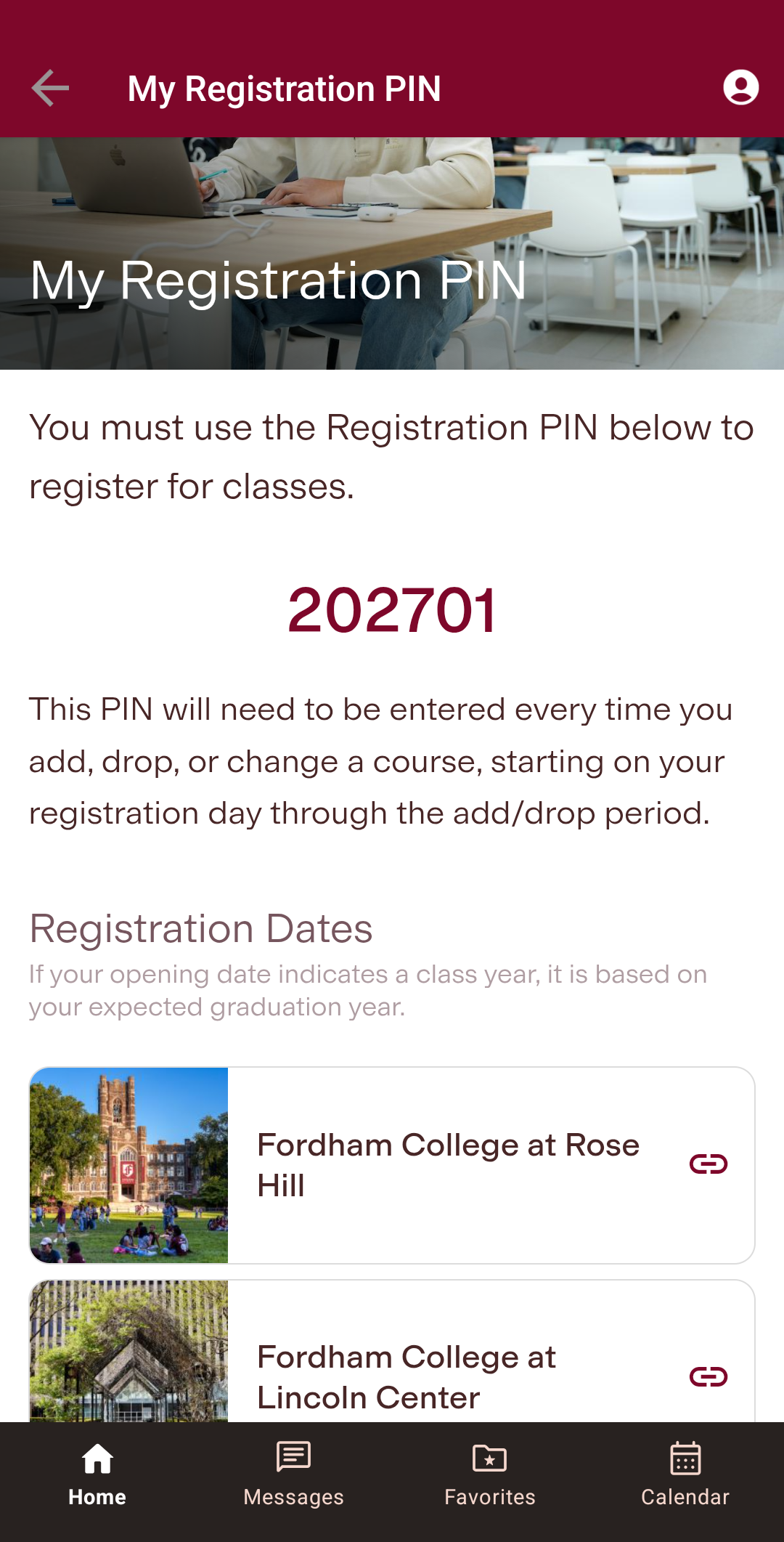 UI displaying a student's registration PIN.
