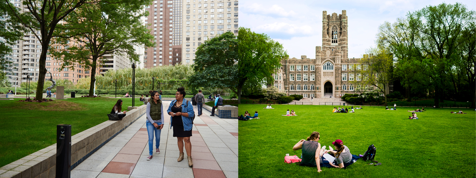 Students walking on both the Rose Hill and Lincoln Center campuses
