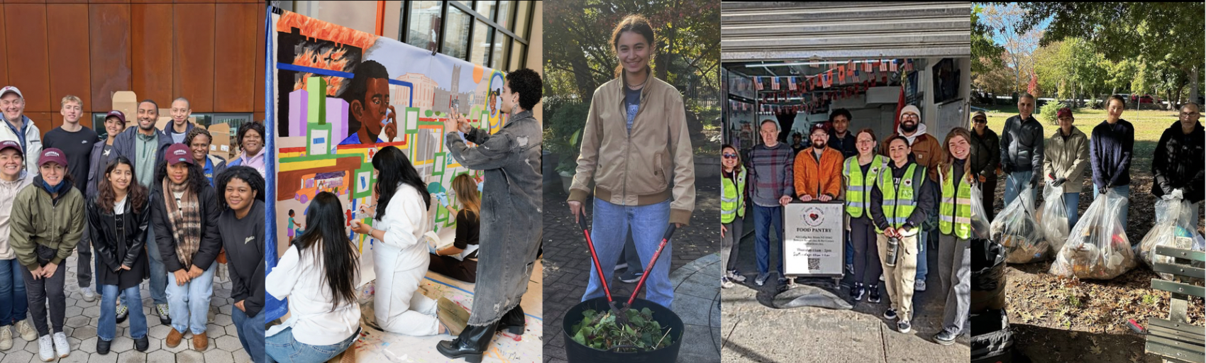 5 photo collage of Fordham students, staff and community neighbors painting a mural, raking leaves, and group shots