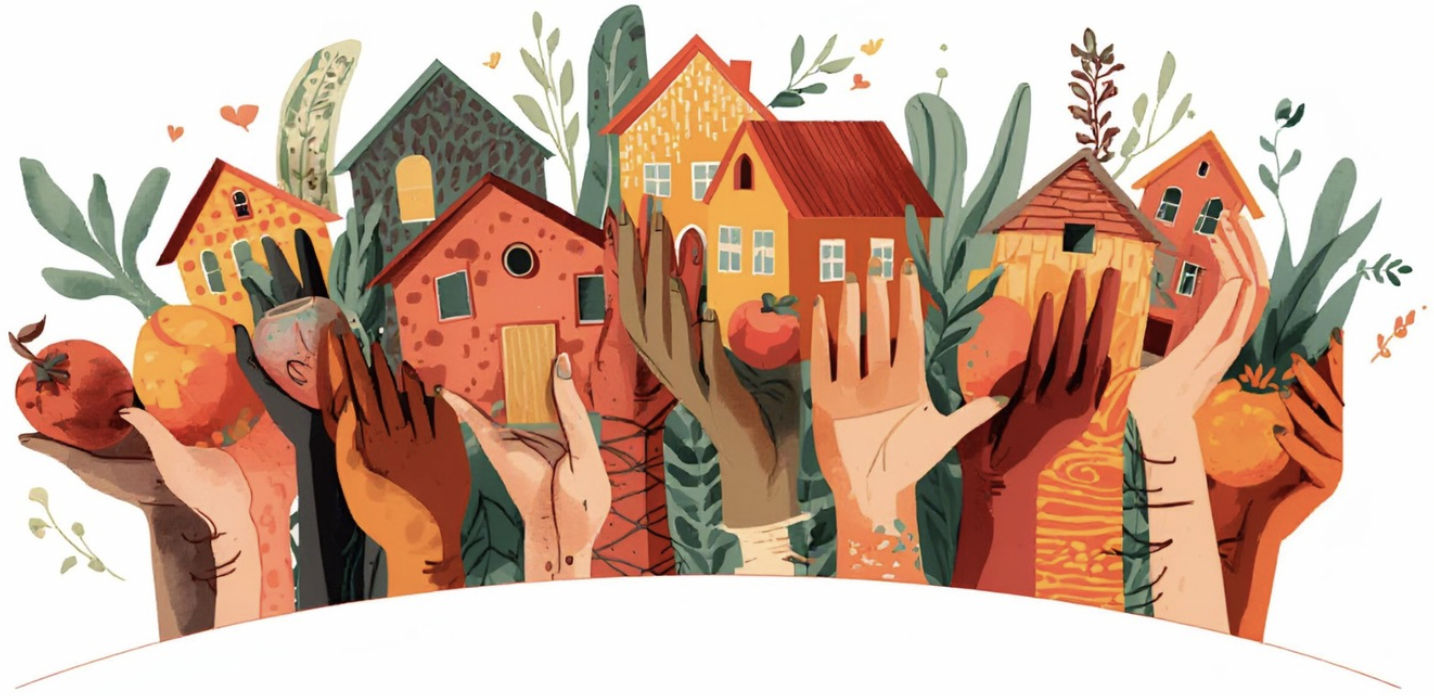 Graphic image of produce and housing imagery and hands