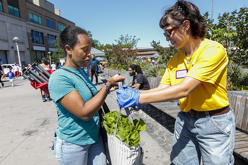An Urban Plunge student hands a bag of produce to a community member.