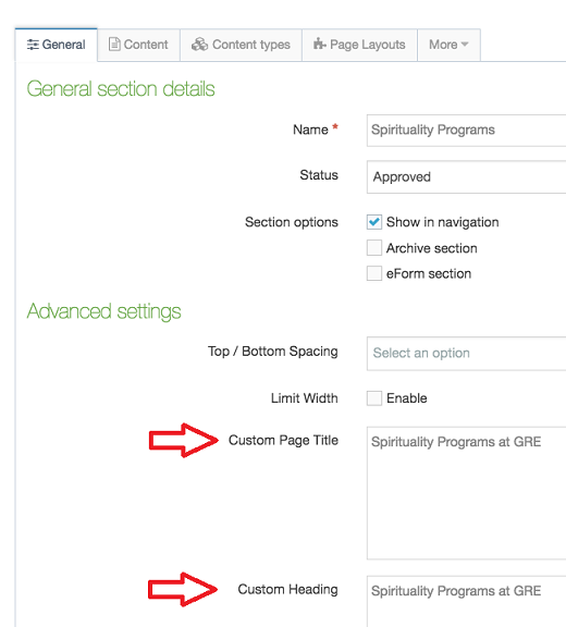 Terminalfour custom title and heading fields