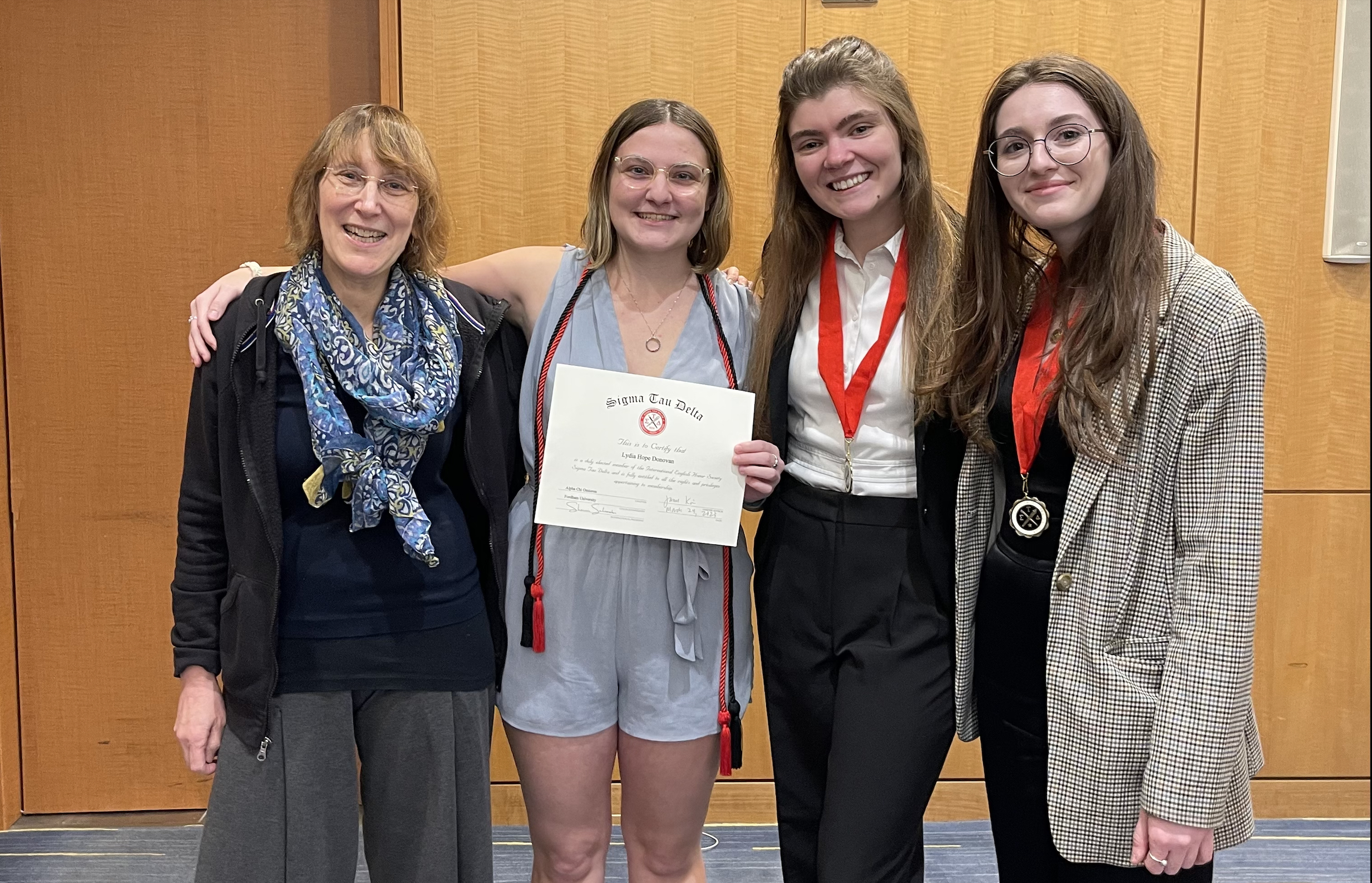 From left to right: Dr. Susan Greenfield, Lydia Hope Donovan, and AXO Co-Presidents Amanda Caputo and Kristine Saliasi at the 2023 Induction Ceremony