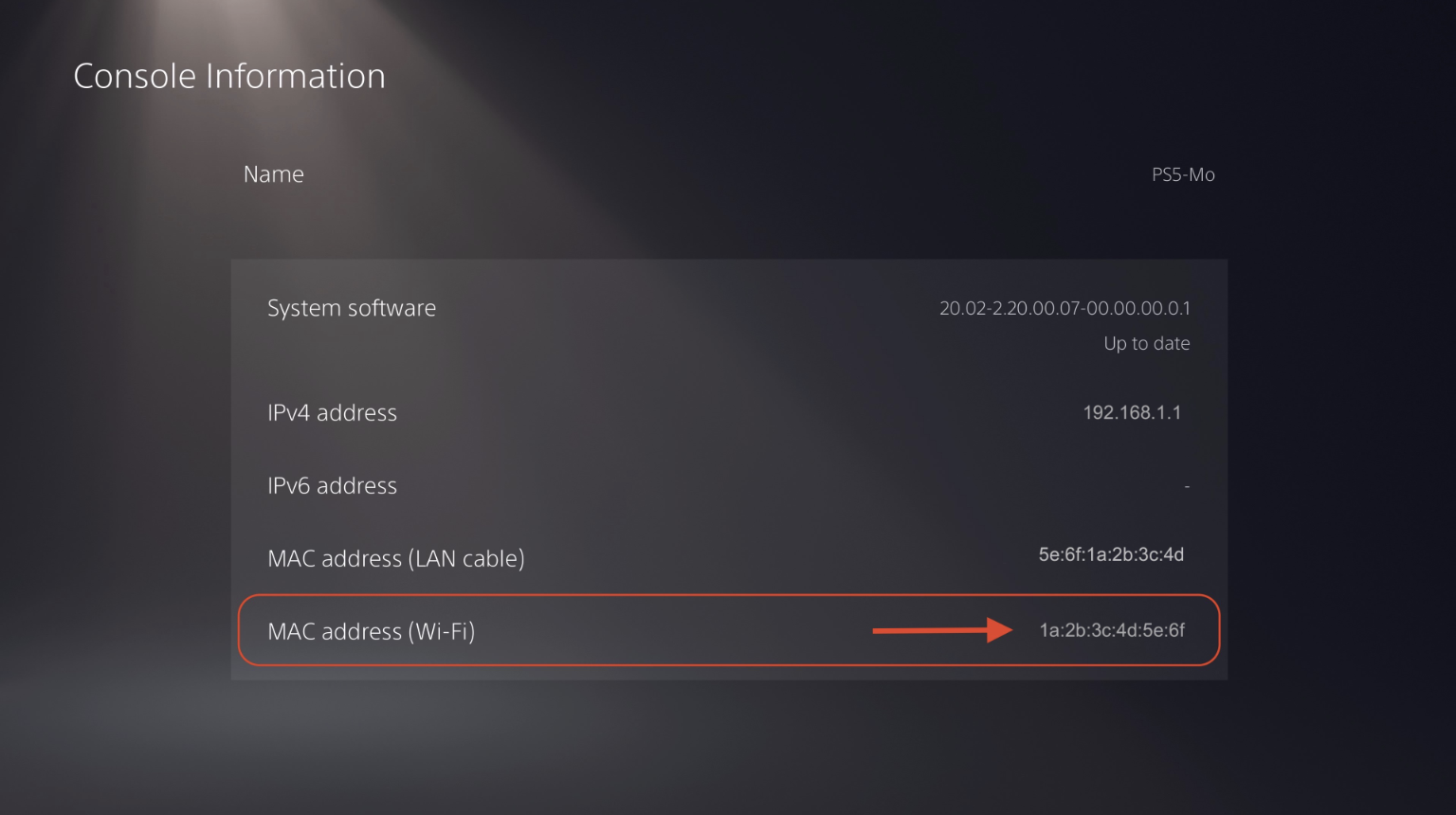 PlayStation 5 settings screen showing the WiFi MAC address