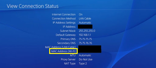PlayStation 4 settings screen showing the WiFi MAC address