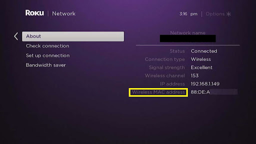 Roku settings screen showing the WiFi MAC address