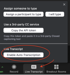 Zoom's enable auto-transcription screen