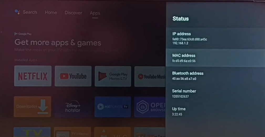 Sony Smart TV settings screen showing the WiFi MAC address