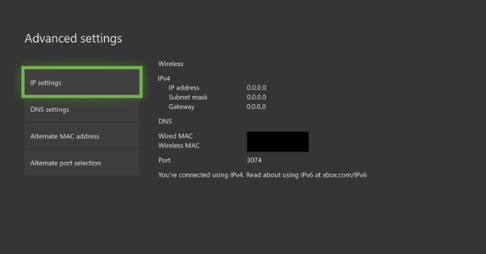 Xbox One settings screen showing the WIFI MAC address