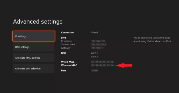 Xbox settings screen showing the WiFi MAC address.