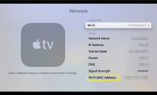 Apple TV settings screen showing the WiFi MAC address