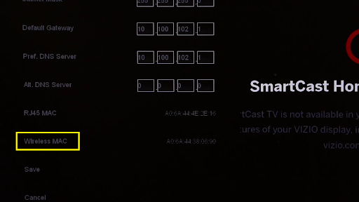 Vizio Smart TV settings screen showing the WiFi MAC address