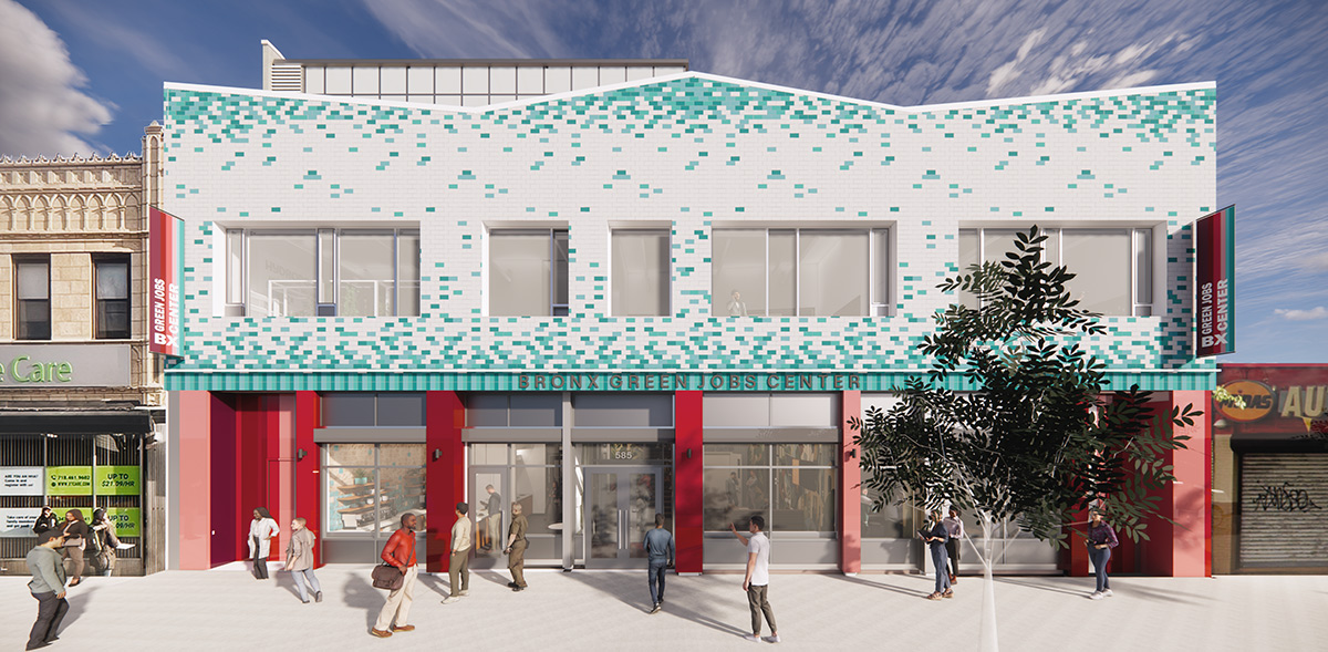 Bronx Green Jobs Center facade rendering with people walking outside on the street