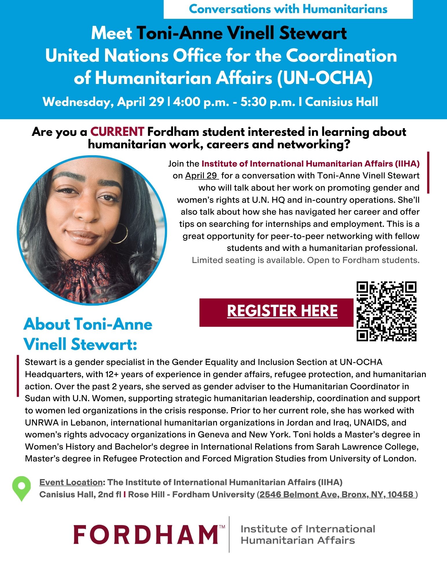 Conversations with Humanitarians Toni-Anne V. Stewart on April 29 is open to all students!