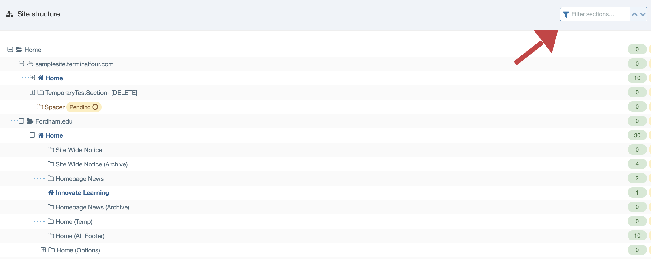 Arrow pointing to Filter button in Terminalfour