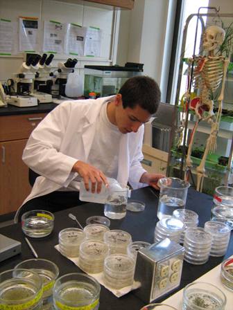 Student with bacterial plates in lab
