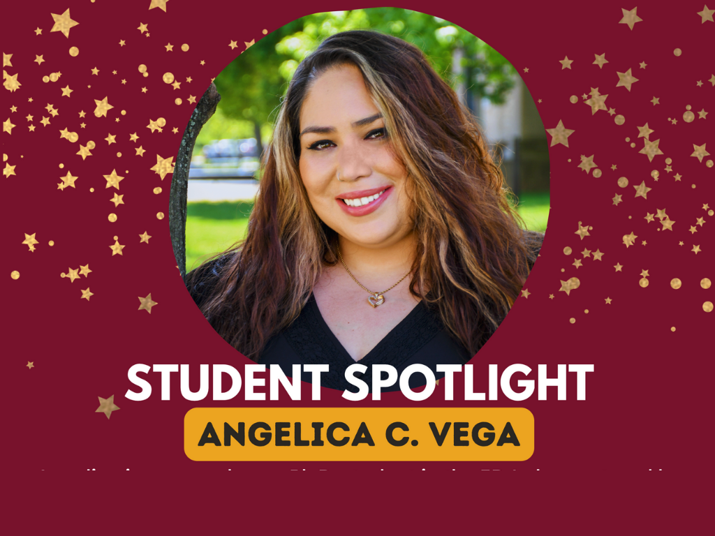 Smiling woman with long hair on a maroon background with gold stars. Text reads 