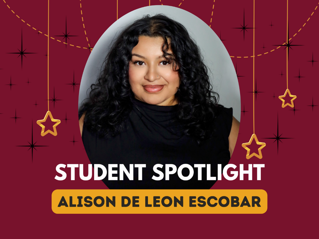 Portrait of a smiling person with curly hair on a maroon background featuring hanging stars. Text reads 'Student Spotlight' and 'Alison De Leon Escobar.