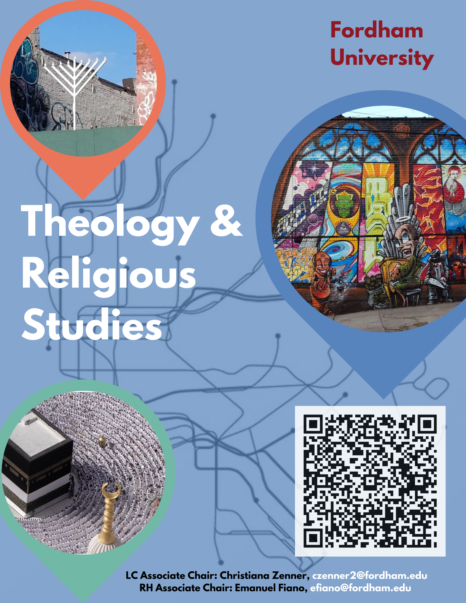 A PNG image stating Theology and Religious Studies with a QR code to the Theology Department's undergraduate website and the names of the 2023-2024 undergraduate chairs in Theology: Dr. Christiana Zenner for the Lincoln Center campus and Dr. Emanuel Fiano for the Rose Hill campus
