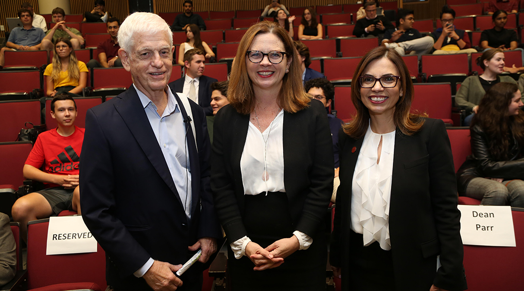 Mario Gabelli with President Tania Tetlow and Gabelli Dean Lerzan Aksoy
