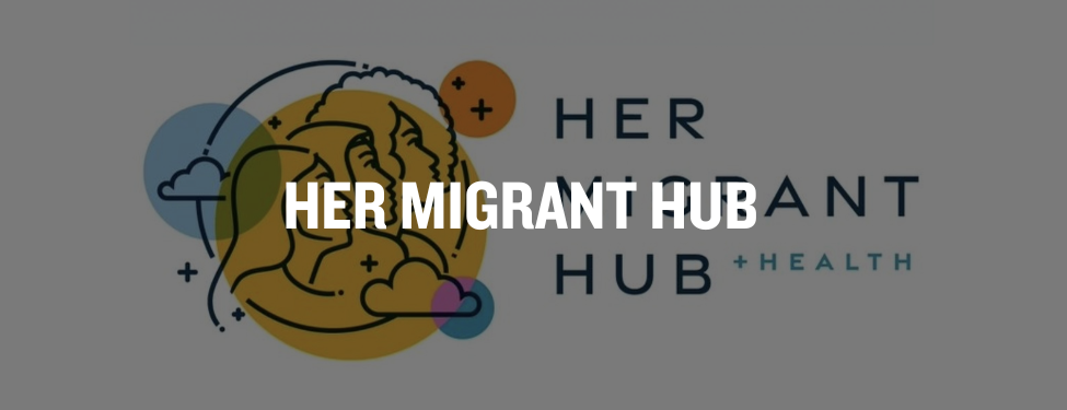 the her migrant hub logo. a vector image of three women surrounded by clouds, stars, and circles of vearious colors. to the right of the image are the words 