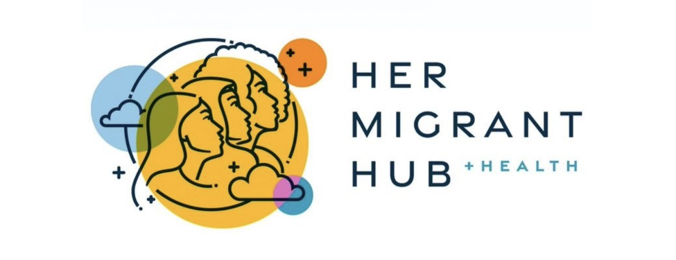 the her migrant hub logo. a vector image of three women surrounded by clouds, stars, and circles of vearious colors. to the right of the image are the words 