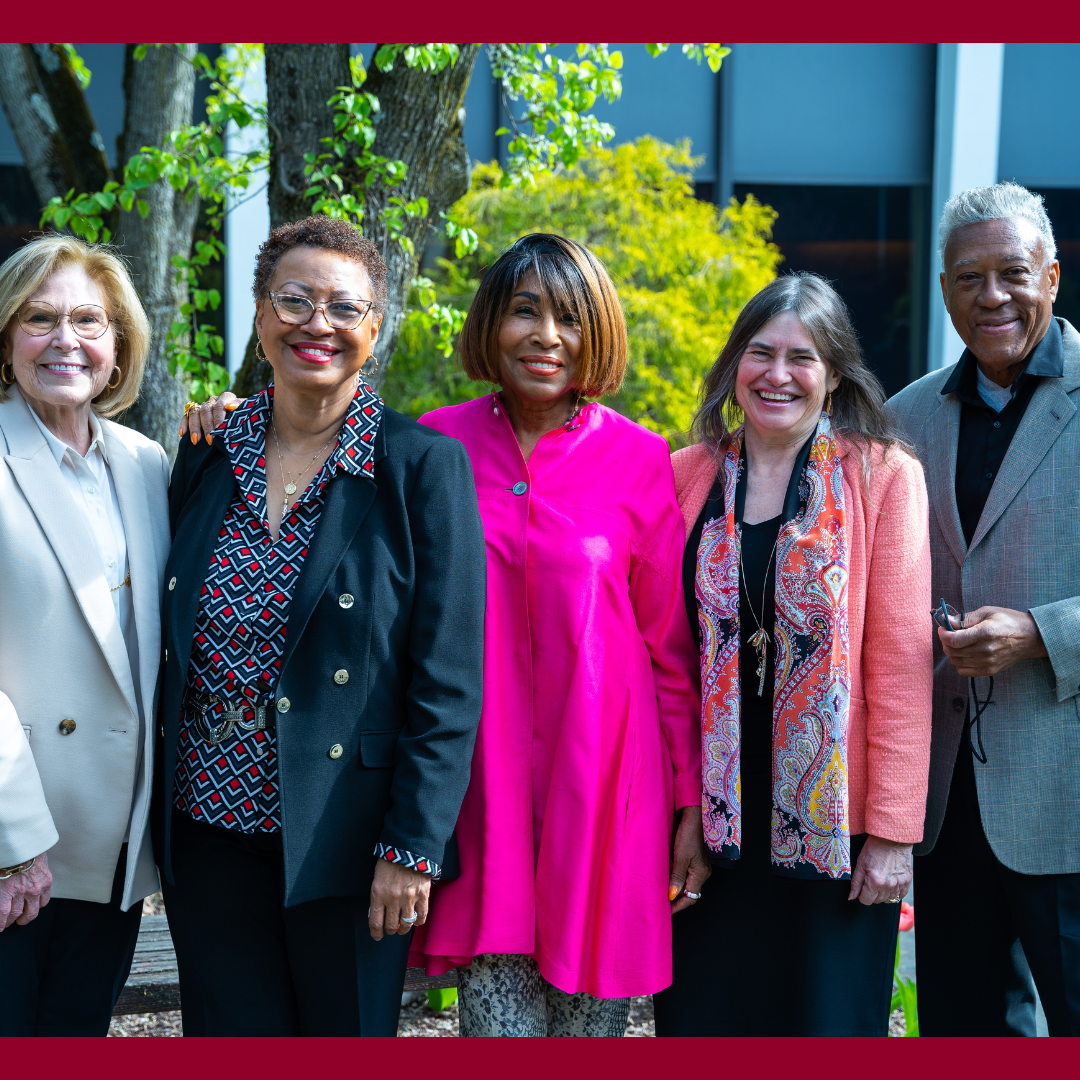 From left to right: Linda White-Ryan, Dozene Guishard, Colette Phipps, Janna Heyman, and James O'Neal. They are standing in the courtyard of the Westchester Campus.