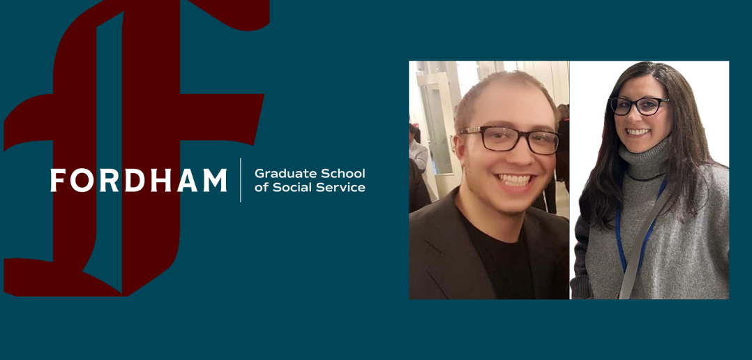 two fordham msw students, adam jason neufeld and maria talloni-perlette next to the fordham gss logo