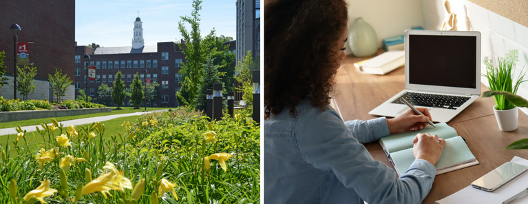 image of molloy university campus (left) and a woman on her computer at home (right)