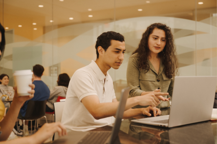 two students in the library looking at a laptop