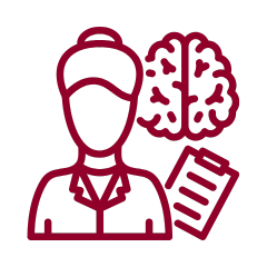 vector icon of a female therapist with an image of a brain and a clipboard to the right of her.