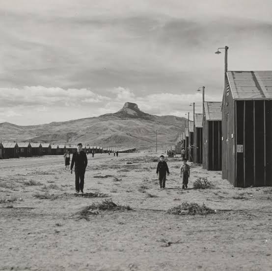 An adult and two children walking with a mountain behind them.