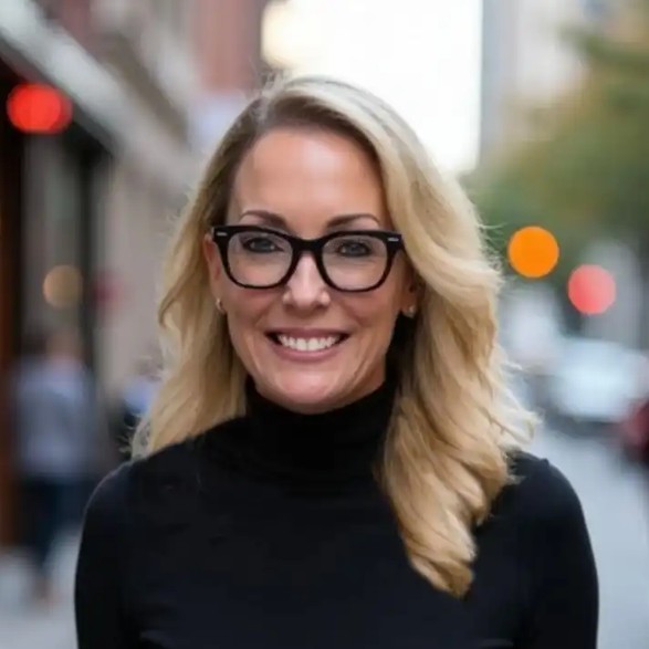A woman wearing glasses and a black turtleneck sweater standing on the street.
