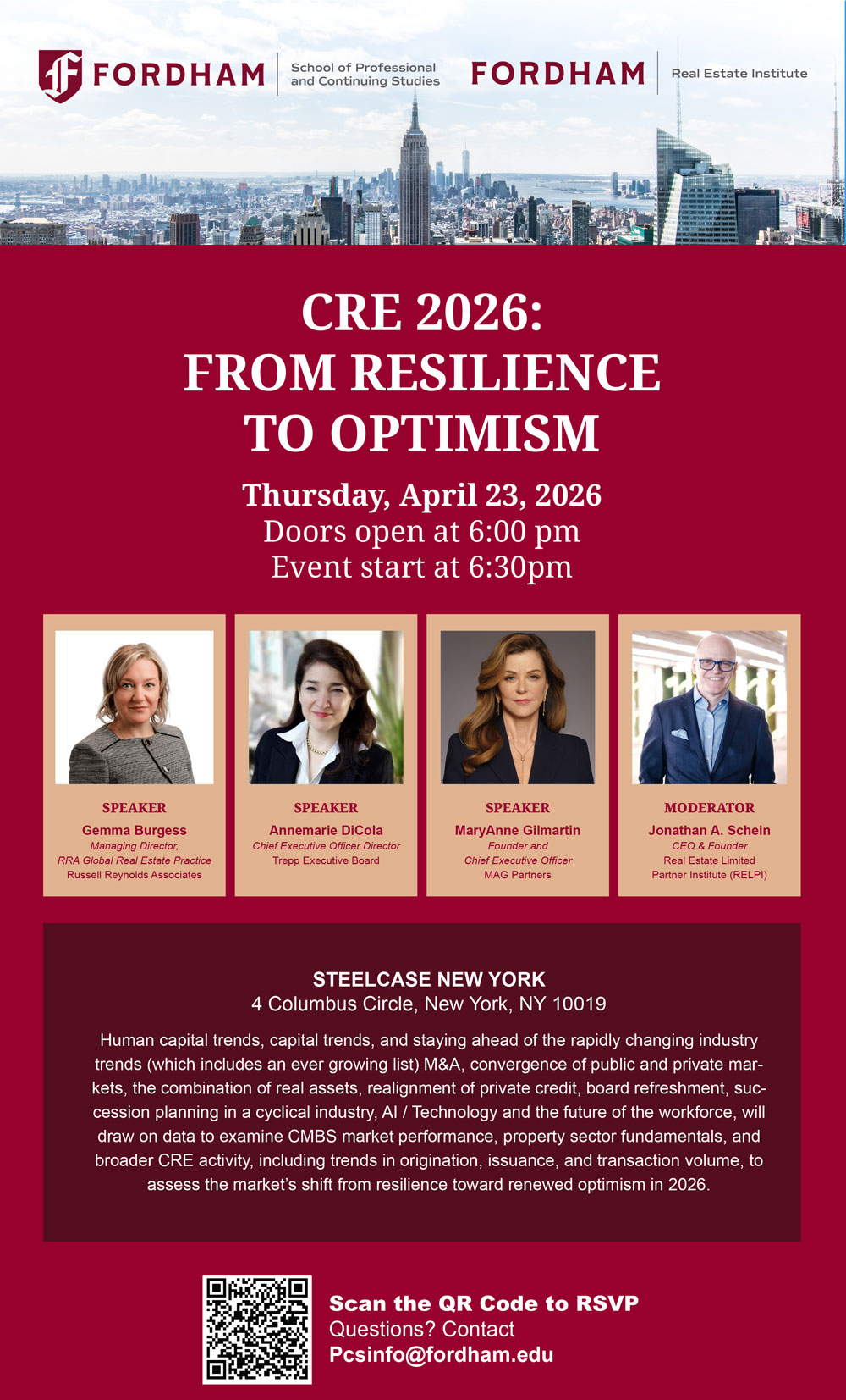 CRE 2026: From Resilience to Optimism  Guest speakers: Gemma Burgess, Managing Director, RRA, Global Real Estate Practice, Russell Reynolds Associates Annemarie DiCola, Chief Executive Officer Director, Trepp Executive Board MaryAnne Gilmartin, Founder & Chief Executive Officer, MAG Partners  Moderator:  Jonathan Schein, CEO & Founder, Real Estate Limited Partner Institute (RELPI)