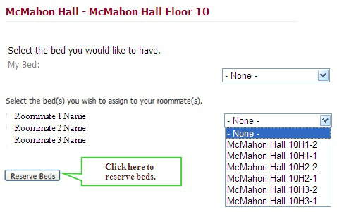 Example of drop down menu and assigning a bed to each roommate.