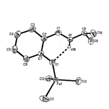 we have found that neutral salicylaldimine ligands form an intramolecular hydrogen bond, shown below in the iron(III)trichloride adduct of N-isopropylsalicylaldimine